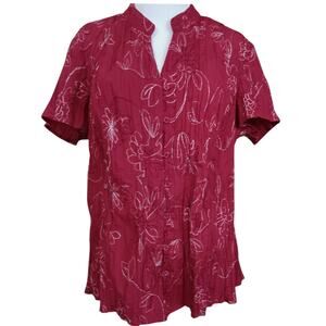 ST. JOHN'S BAY Crinkle Short Sleeve Blouse Top Plus 1X Red Floral‎ Career Travel